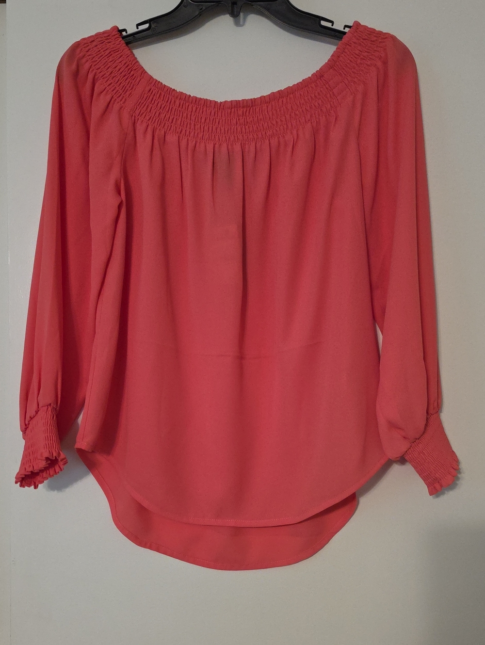 Express Coral Pink Off-Shoulder Smocked Blouse